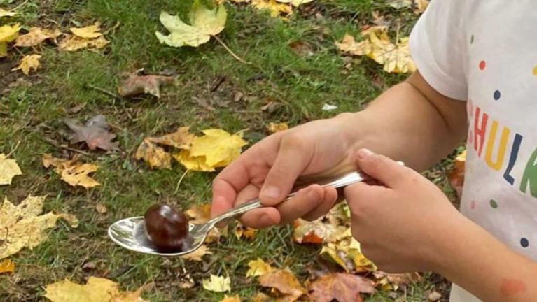 Kind hält einen Löffel mit einer Kastanie im Freien über herabgefallenen Blättern