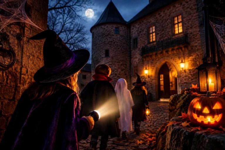 Kinder in Halloweenkostümen mit Taschenlampen vor einem alten Schloss bei Nacht, daneben ein leuchtender Kürbis