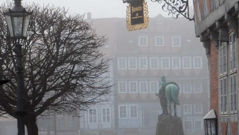 Neblige Straßenszene mit kahlem Baum, Laterne, Gebäuden und einer Reiterstatue