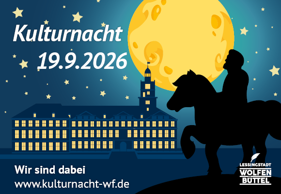 Plakat zur Kulturnacht mit Mond, Sternen, Stadtsilhouette und Reiter auf Pferd