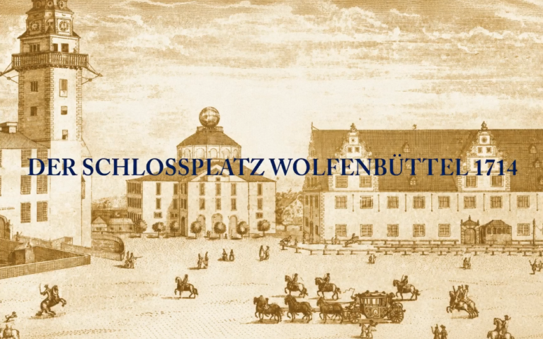 Historische Darstellung des Schlossplatzes Wolfenbüttel mit Gebäuden und Reitern, darüber der Titel Der Schlossplatz Wolfenbüttel 1714