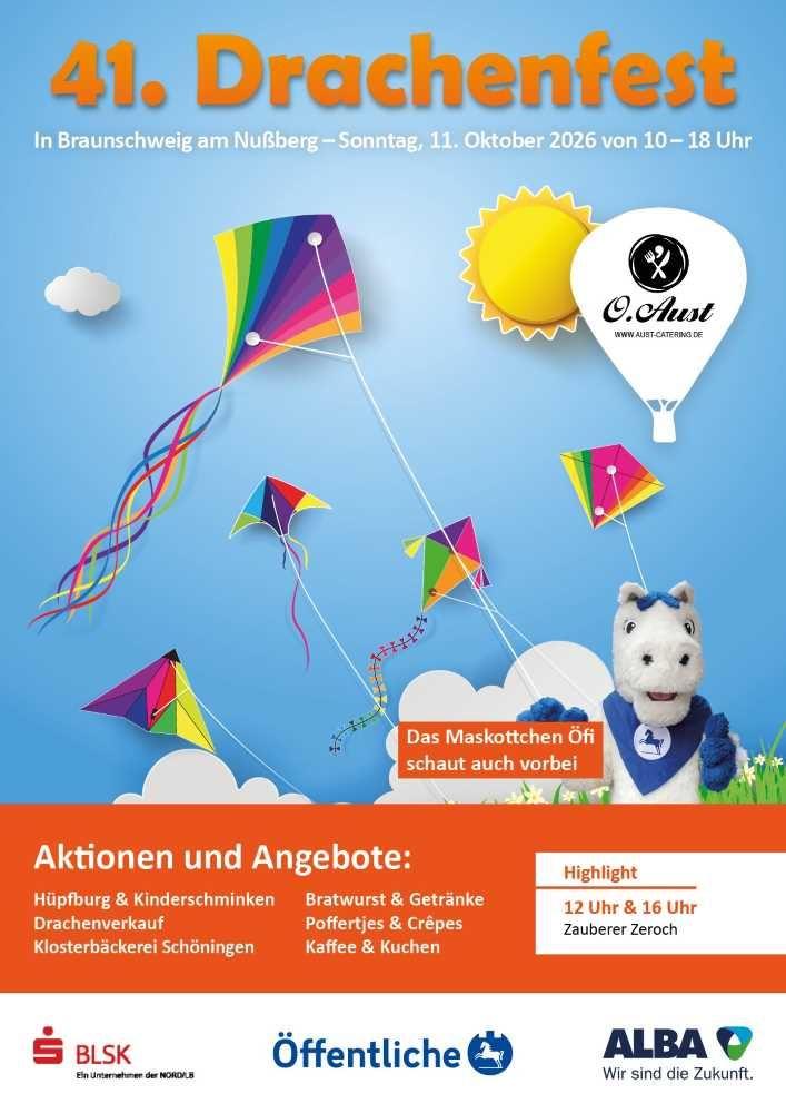 Plakat zum 41. Drachenfest mit bunten Drachen am Himmel, Sonne und Maskottchen
