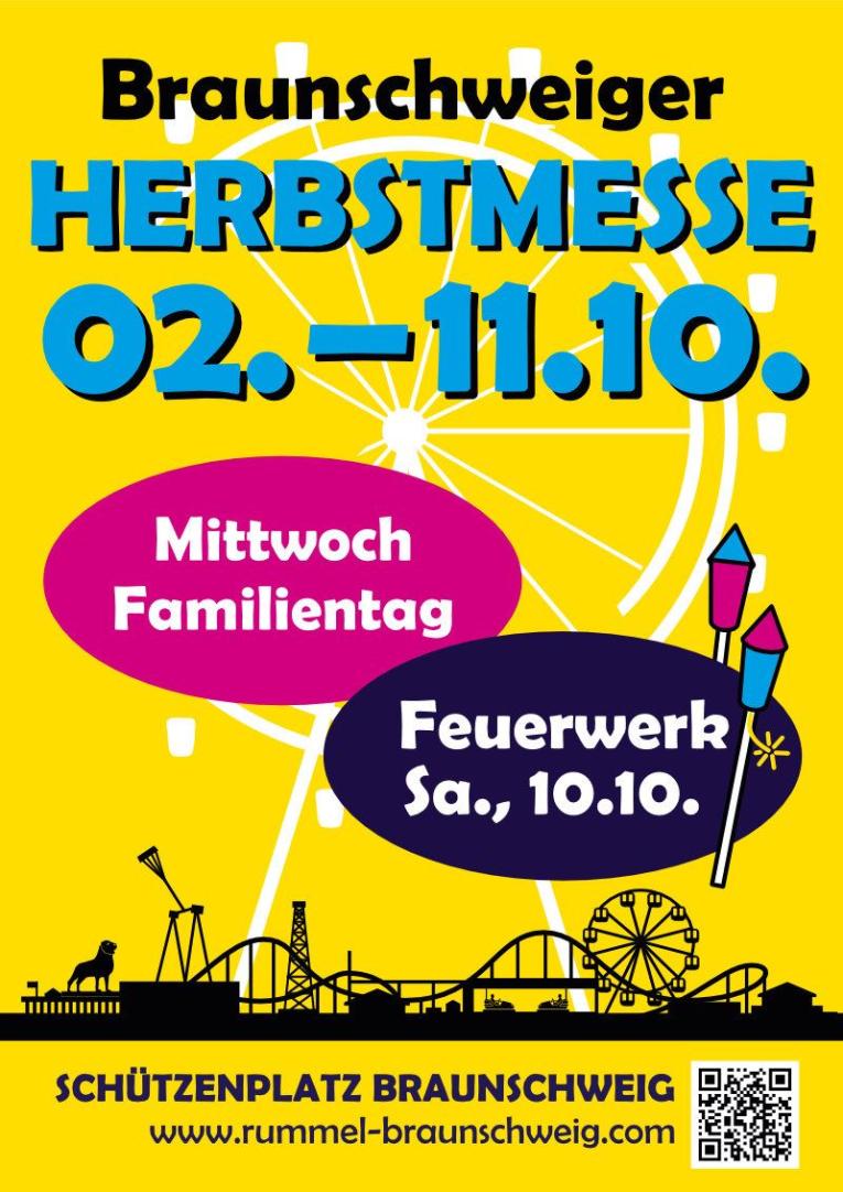 Plakat zur Braunschweiger Herbstmesse mit Datum, Familientag und Feuerwerk