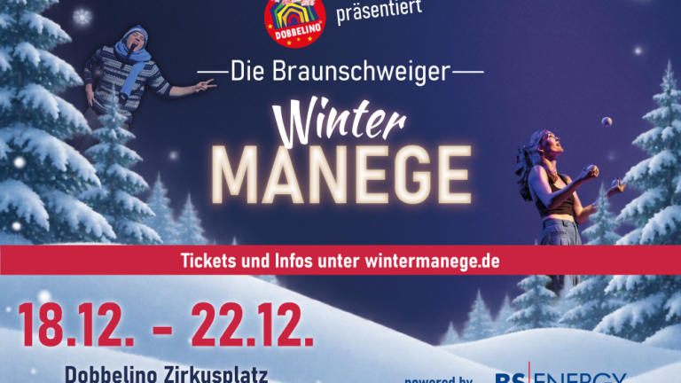 Werbeplakat für die Braunschweiger Winter Manege mit Winterlandschaft, zwei Artisten und Veranstaltungstexten