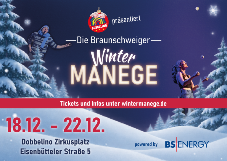 Werbeplakat für die Braunschweiger Winter Manege mit Winterlandschaft, zwei Artisten und Veranstaltungstexten