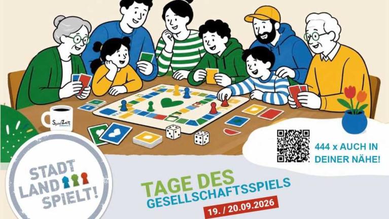 Illustration einer Gruppe von Menschen beim gemeinsamen Brettspielen mit Karten und Würfeln