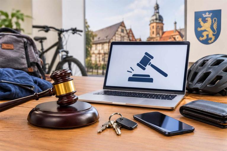 Ein Laptop mit Richterhammer-Symbol steht auf einem Tisch neben Fahrradhelm, Smartphone, Schlüsseln und Geldbörse