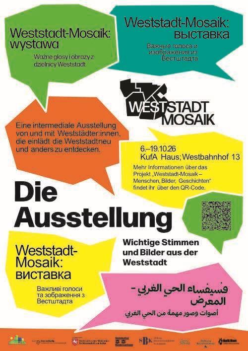 Mehrsprachiges Ausstellungsplakat zu Weststadt-Mosaik mit bunten Sprechblasen und QR-Code