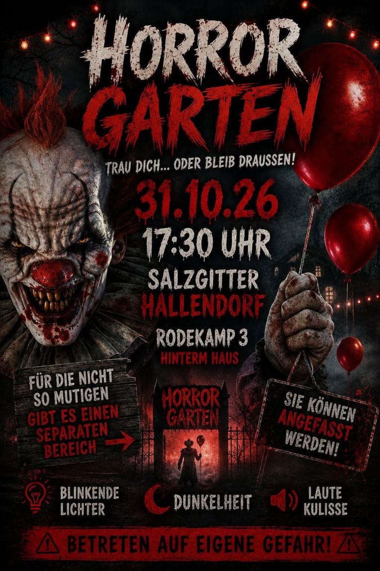 Düsteres Horror-Garten-Eventplakat mit Clown, roten Ballons und Veranstaltungsdaten