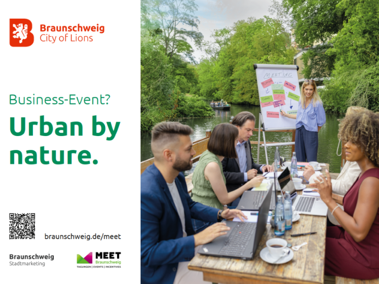 Werbeplakat für Business-Events in Braunschweig mit einer Besprechung im Freien am Wasser