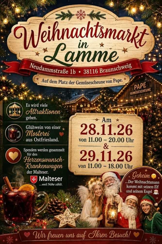 Werbeplakat für den Weihnachtsmarkt in Lamme mit Terminen, Ort und weihnachtlichen Motiven