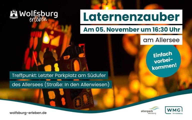Werbeplakat für den Laternenzauber am Allersee in Wolfsburg mit Datum, Uhrzeit und Treffpunkt