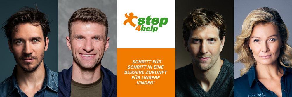 Felix Neureuther (Foto: FRANKBAUER), Thomas Müller (Foto: Ruppografie), Dirk Nowitzki und Franziska van Almsick (Foto: Fabian Hensel) engagieren sich für den step4help.