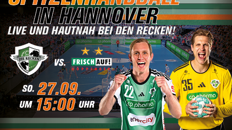 Werbeplakat für ein Handballspiel in Hannover mit zwei Spielern, Vereinslogos und Terminangaben