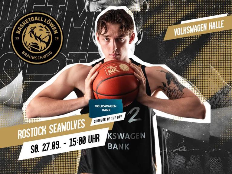 Basketball-Werbeplakat mit einem Spieler, der einen Ball hält, dem Logo der Basketball Löwen Braunschweig und Spielinfos