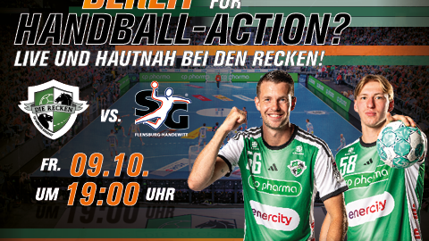 Werbeplakat für ein Handballspiel mit zwei Spielern im Vordergrund und Terminangaben