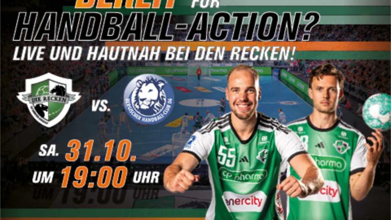 Werbeplakat für ein Handballspiel mit zwei Spielern, Vereinslogos und Terminangaben