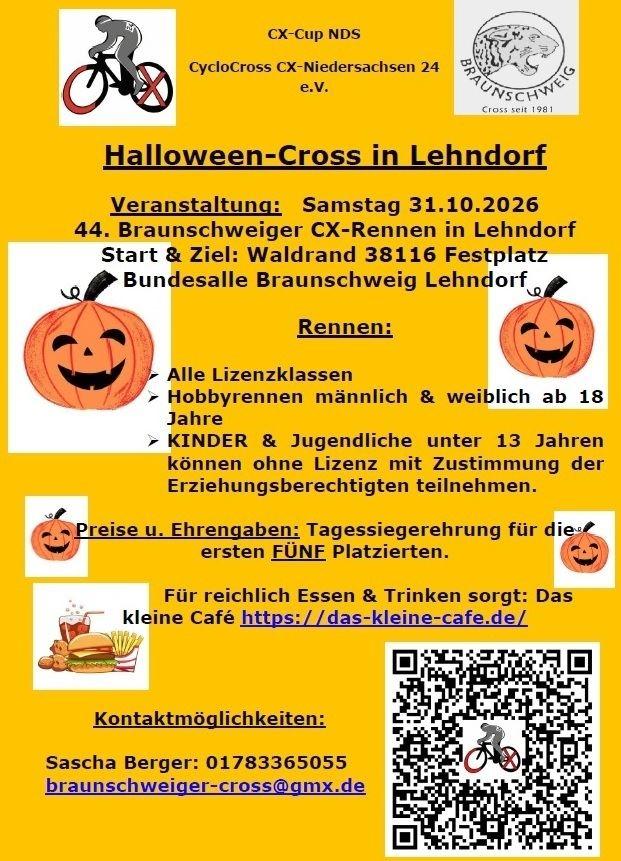 Gelbes Veranstaltungsplakat für ein Halloween-Cross-Rennen in Lehndorf mit Kürbisgrafiken, Logos und QR-Code