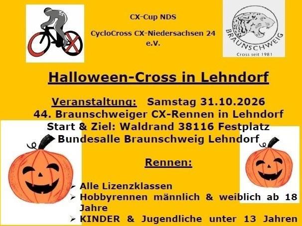 Gelbes Plakat für ein Halloween-Cross-Rennen in Lehndorf mit Kürbisgrafiken und Logos